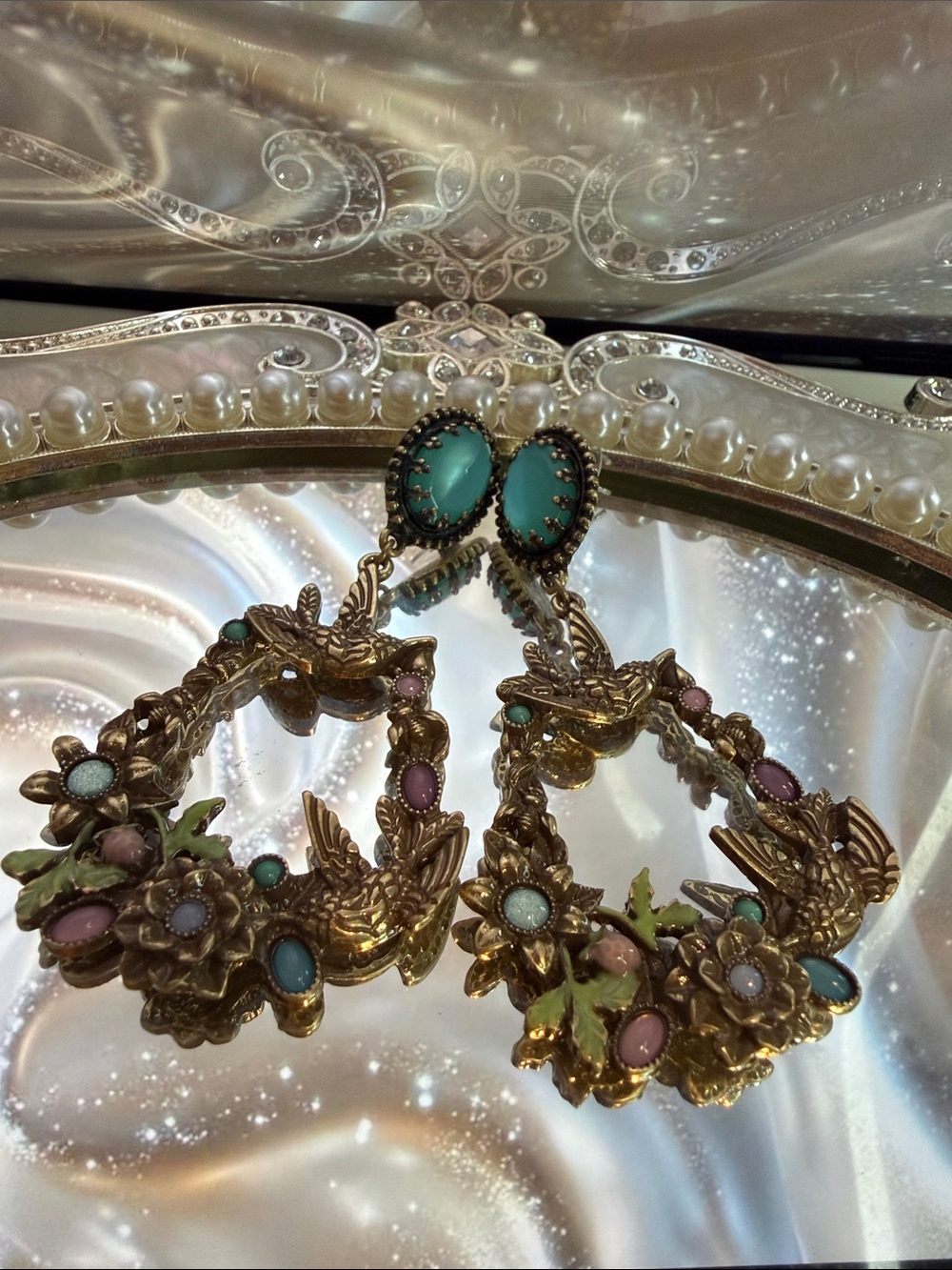 Trifari Gold-Tone Floral Hoop Earrings with Turquoise and Pastel Accents